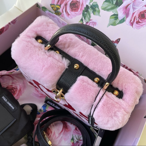 NEW Pink Leather Brand Logo Handbag Rabbit Fur Padlock Lizard - Picture 2 of 9